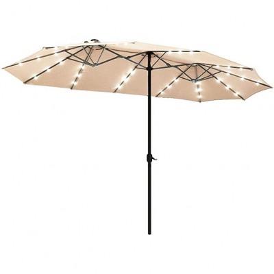 15FT  Beige Solar Powered Double Sided Twin Patio Market Umbrella With 36 Built-In LED Lights